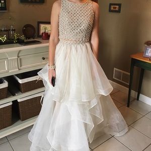 2 piece prom dress ruffle skirt, pearl top
